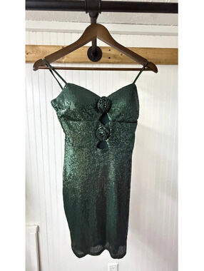 City Studio dark green sequined mini dress rosette bodice 7/8 holiday party club